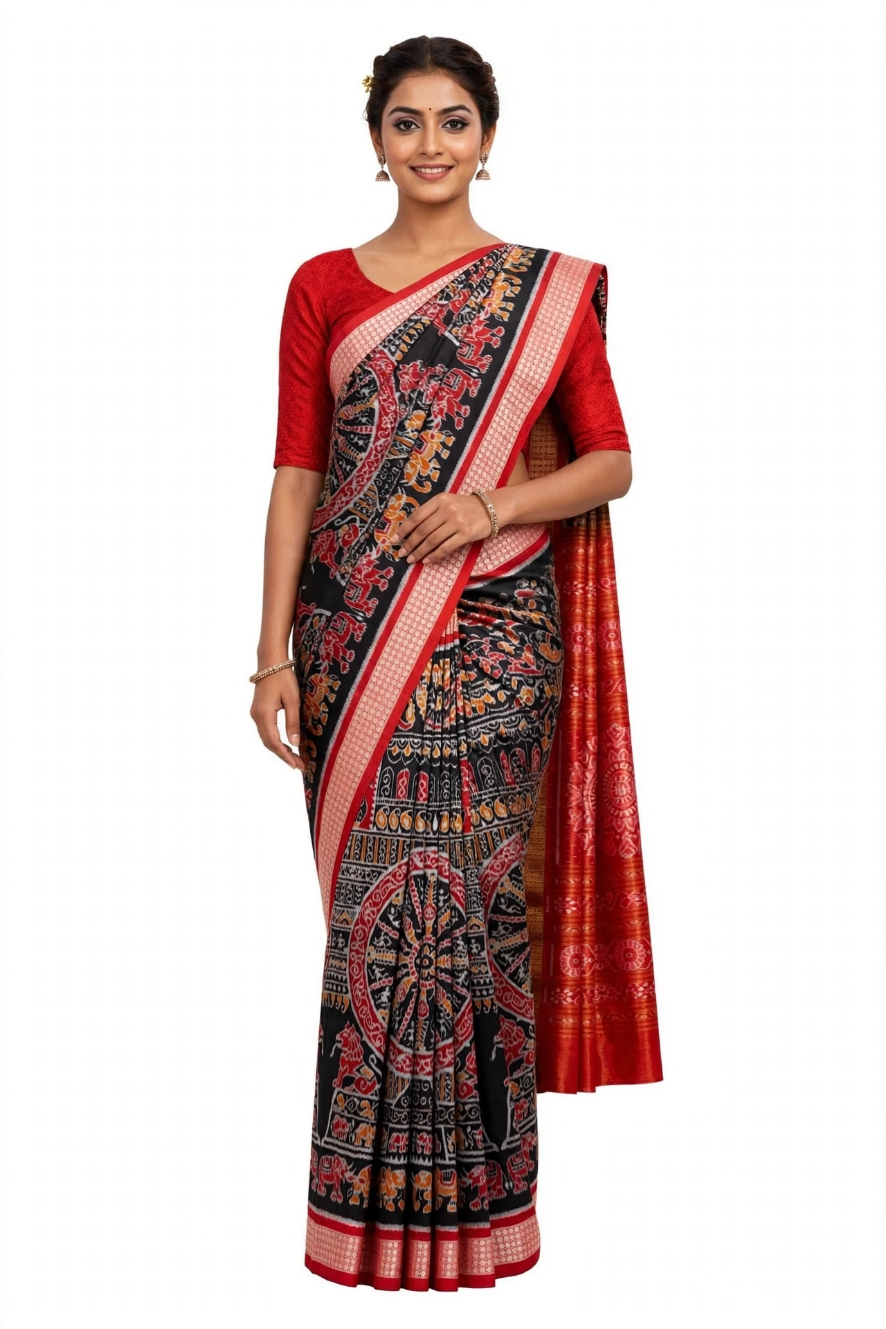 Bomkai Silk Sambalpuri Brown Red Horse Motif