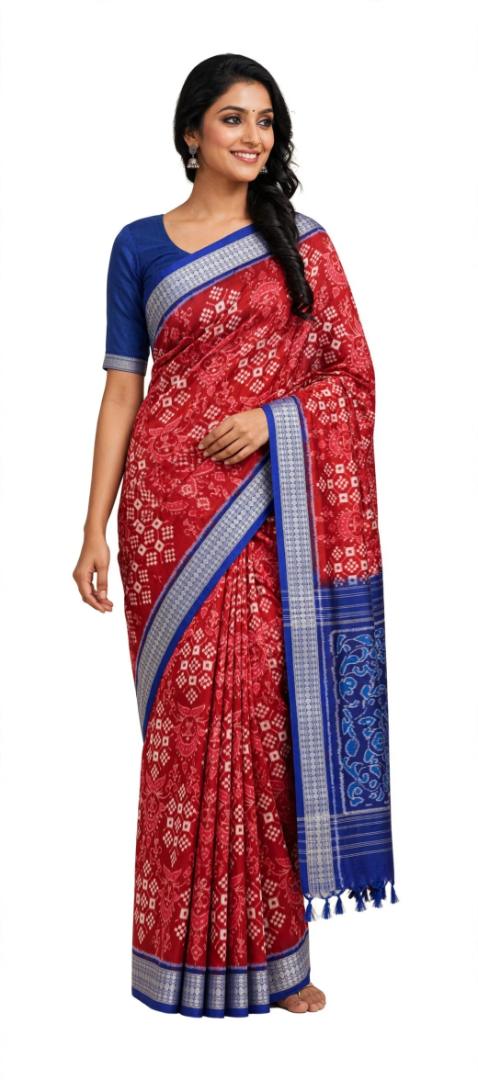 Magenta Pink & Royal Blue Sambalpuri Silk Saree with Pasapali Design | Meher Sambalpuri